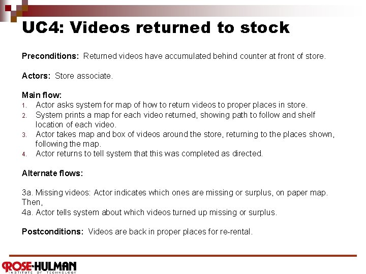 UC 4: Videos returned to stock Preconditions: Returned videos have accumulated behind counter at