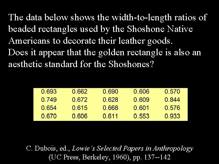 The data below shows the width-to-length ratios of beaded rectangles used by the Shoshone