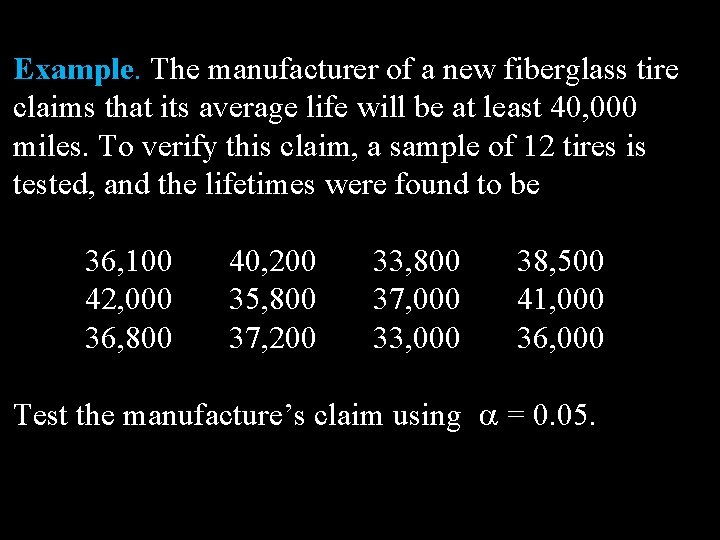 Example. The manufacturer of a new fiberglass tire claims that its average life will