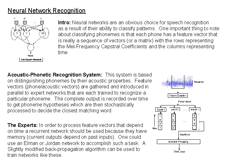 Neural Network Recognition Intro: Neural networks are an obvious choice for speech recognition as