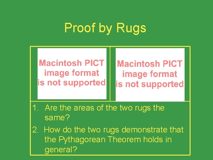 Proof by Rugs 1. Are the areas of the two rugs the same? 2.