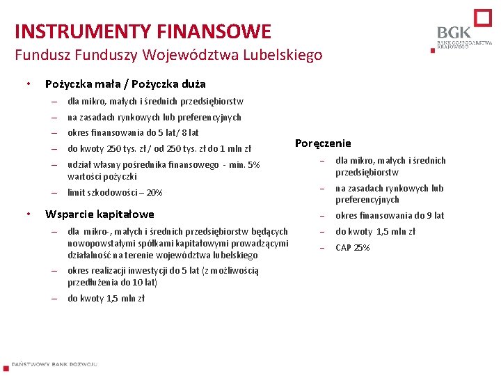 INSTRUMENTY FINANSOWE Funduszy Województwa Lubelskiego • Pożyczka mała / Pożyczka duża – dla mikro,