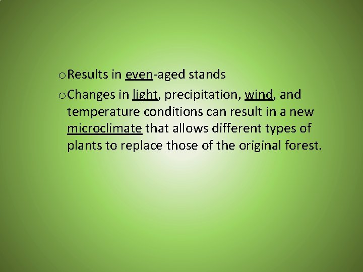 o Results in even-aged stands o Changes in light, precipitation, wind, and temperature conditions