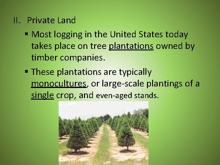 II. Private Land § Most logging in the United States today takes place on