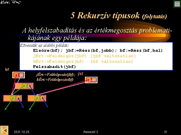  5 Rekurzív típusok (folytatás) A helyfelszabadítás és az értékmegosztás problematikájának egy példája: bf