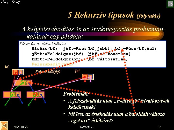  5 Rekurzív típusok (folytatás) A helyfelszabadítás és az értékmegosztás problematikájának egy példája: bf