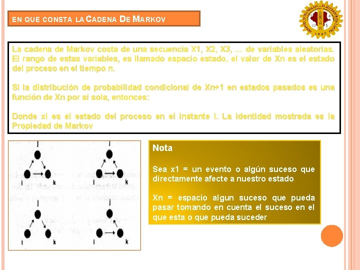 EN QUE CONSTA LA CADENA DE MARKOV La cadena de Markov costa de una