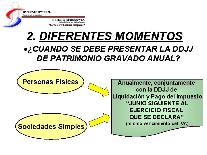 2. DIFERENTES MOMENTOS ¿CUANDO SE DEBE PRESENTAR LA DDJJ DE PATRIMONIO GRAVADO ANUAL? Personas