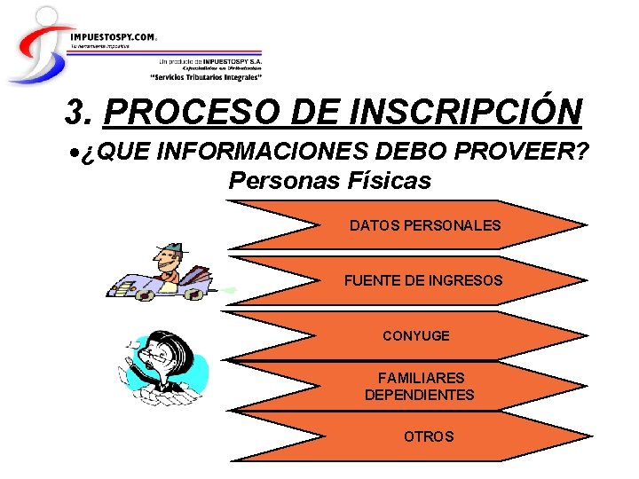 3. PROCESO DE INSCRIPCIÓN ¿QUE INFORMACIONES DEBO PROVEER? Personas Físicas DATOS PERSONALES FUENTE DE