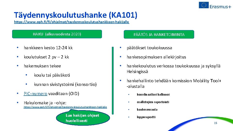 Täydennyskoulutushanke (KA 101) https: //www. oph. fi/fi/ohjelmat/taydennyskoulutushankkeen-hakijalle HAKU (alkuvuodesta 2020) PÄÄTÖS JA HANKETOIMINTA •