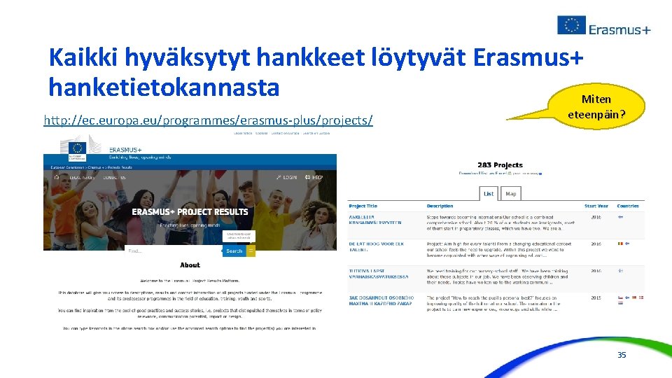 Kaikki hyväksytyt hankkeet löytyvät Erasmus+ hanketietokannasta Miten http: //ec. europa. eu/programmes/erasmus-plus/projects/ eteenpäin? 35 