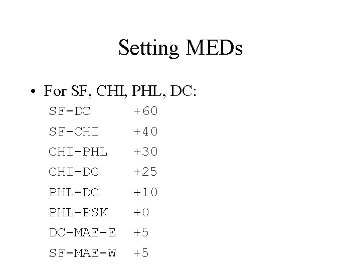Setting MEDs • For SF, CHI, PHL, DC: SF-DC SF-CHI CHI-PHL CHI-DC PHL-PSK DC-MAE-E Setting MEDs • For SF, CHI, PHL, DC: SF-DC SF-CHI CHI-PHL CHI-DC PHL-PSK DC-MAE-E