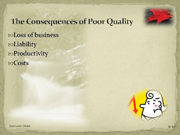 The Consequences of Poor Quality Loss of business Liability Productivity Costs Instructor Slides 9