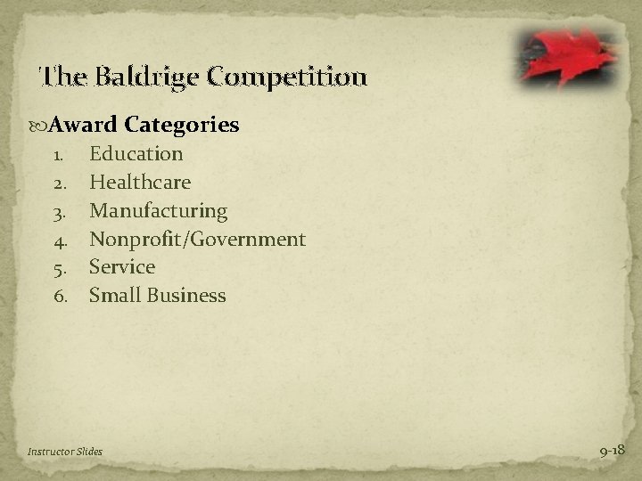 The Baldrige Competition Award Categories Education 2. Healthcare 3. Manufacturing 4. Nonprofit/Government 5. Service