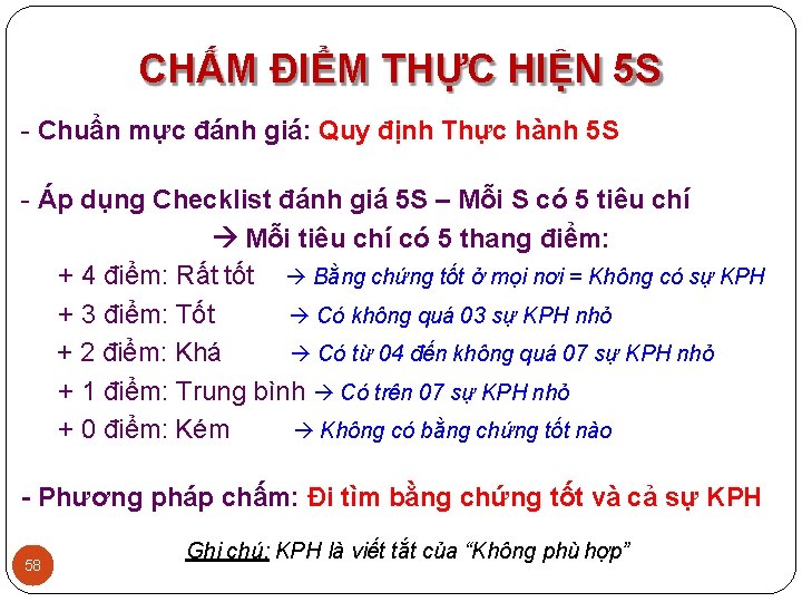 CHẤM ĐIỂM THỰC HIỆN 5 S - Chuẩn mực đánh giá: Quy định Thực