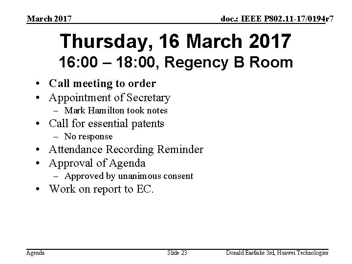 March 2017 doc. : IEEE P 802. 11 -17/0194 r 7 Thursday, 16 March