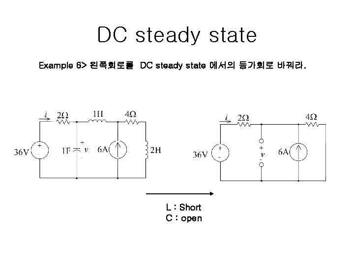 DC steady state Example 6> 왼쪽회로를 DC steady state 에서의 등가회로 바꿔라. L :