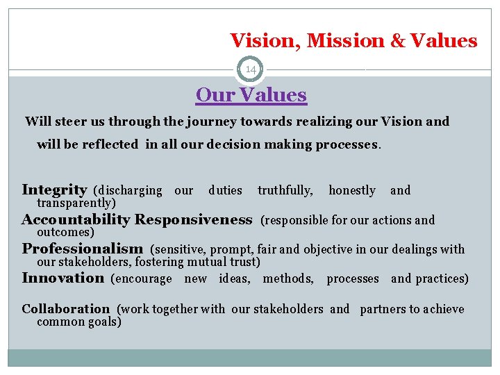 Vision, Mission & Values 14 Our Values Will steer us through the journey towards