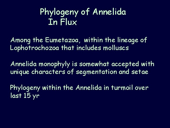 Phylogeny of Annelida In Flux Among the Eumetazoa, within the lineage of Lophotrochozoa that