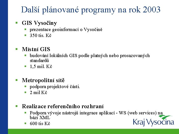 Další plánované programy na rok 2003 GIS Vysočiny prezentace geoinformací o Vysočině 350 tis.