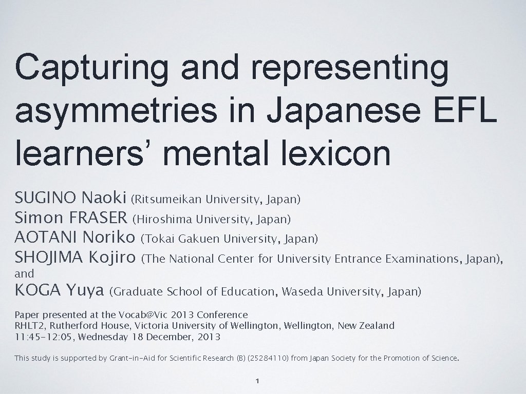 Capturing and representing asymmetries in Japanese EFL learners’ mental lexicon SUGINO Naoki (Ritsumeikan University,