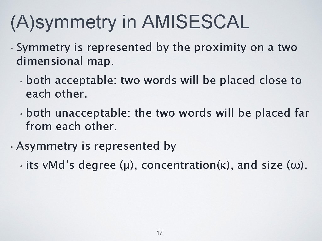 (A)symmetry in AMISESCAL • Symmetry is represented by the proximity on a two dimensional