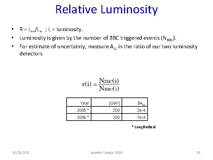 Relative Luminosity • R = L++/L+- ; L = luminosity. • Luminosity is given