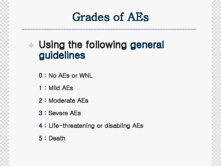 Grades of AEs ± Using the following general guidelines 0 : No AEs or