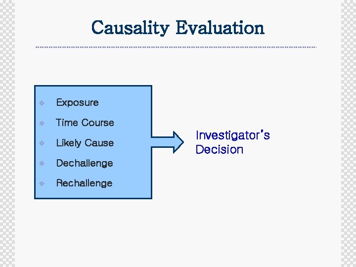 Causality Evaluation ± Exposure ± Time Course ± Likely Cause ± Dechallenge ± Rechallenge