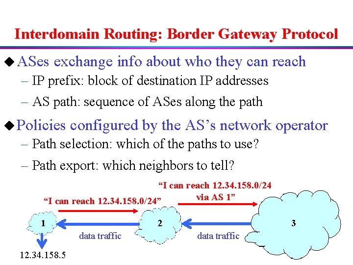 Interdomain Routing: Border Gateway Protocol u ASes exchange info about who they can reach