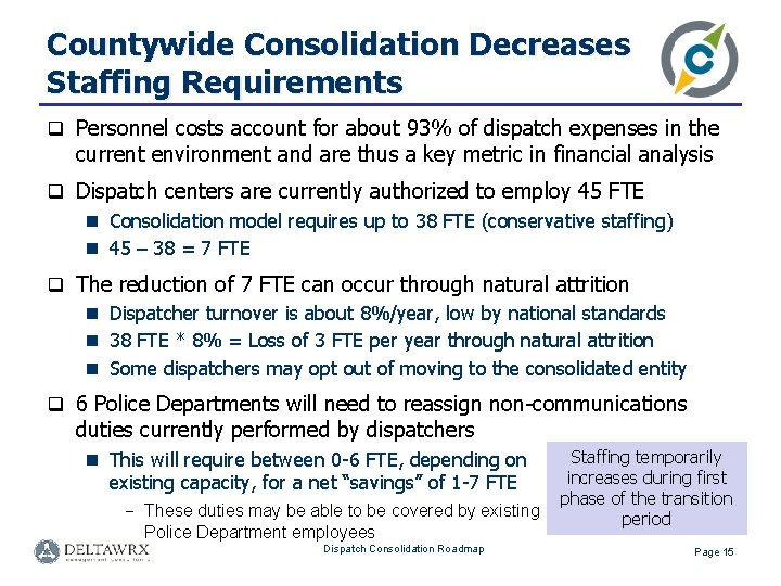 Countywide Consolidation Decreases Staffing Requirements q Personnel costs account for about 93% of dispatch
