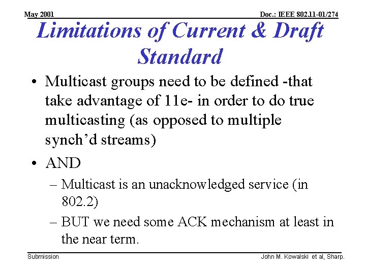 May 2001 Doc. : IEEE 802. 11 -01/274 Limitations of Current & Draft Standard