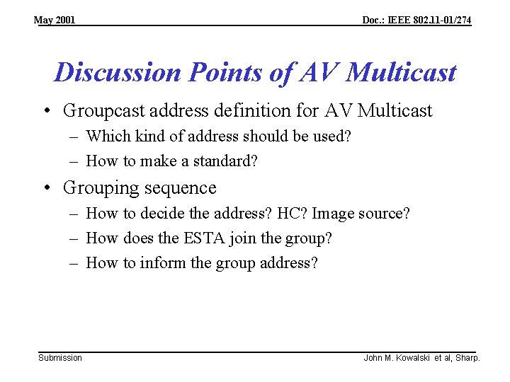 May 2001 Doc. : IEEE 802. 11 -01/274 Discussion Points of AV Multicast •