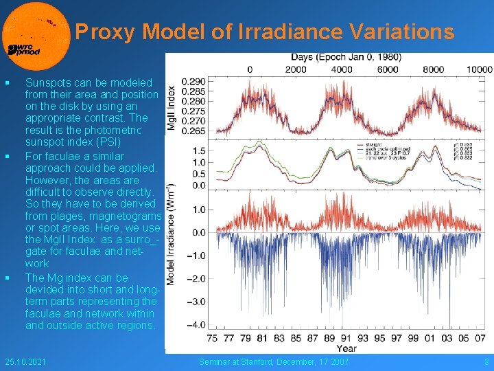 Proxy Model of Irradiance Variations § § § Sunspots can be modeled from their