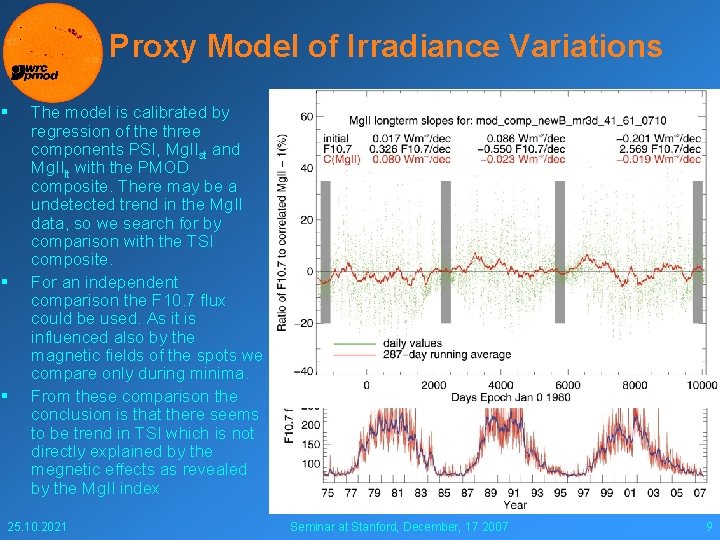 Proxy Model of Irradiance Variations § § § The model is calibrated by regression
