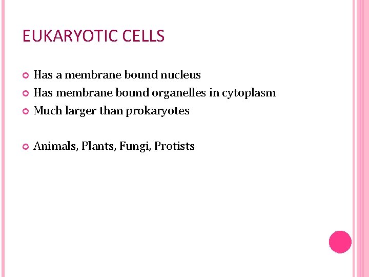 EUKARYOTIC CELLS Has a membrane bound nucleus Has membrane bound organelles in cytoplasm Much