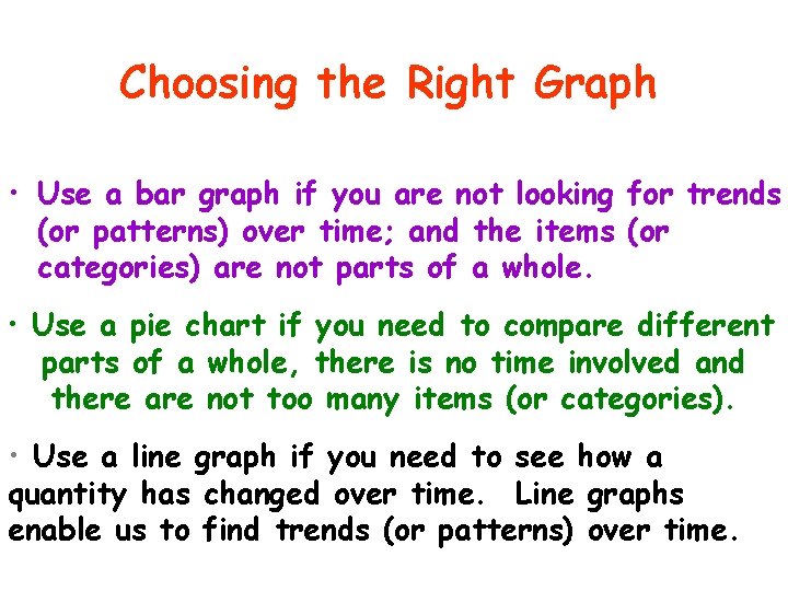 Choosing the Right Graph • Use a bar graph if you are not looking Choosing the Right Graph • Use a bar graph if you are not looking
