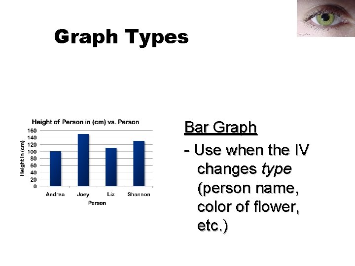Graph Types Bar Graph - Use when the IV changes type (person name, color Graph Types Bar Graph - Use when the IV changes type (person name, color