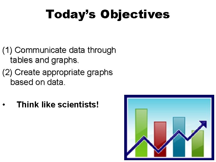 Today’s Objectives (1) Communicate data through tables and graphs. (2) Create appropriate graphs based Today’s Objectives (1) Communicate data through tables and graphs. (2) Create appropriate graphs based