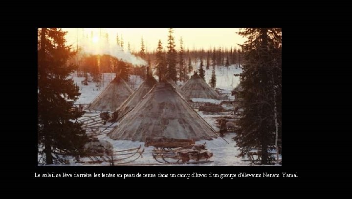 Le soleil se lève derrière les tentes en peau de renne dans un camp