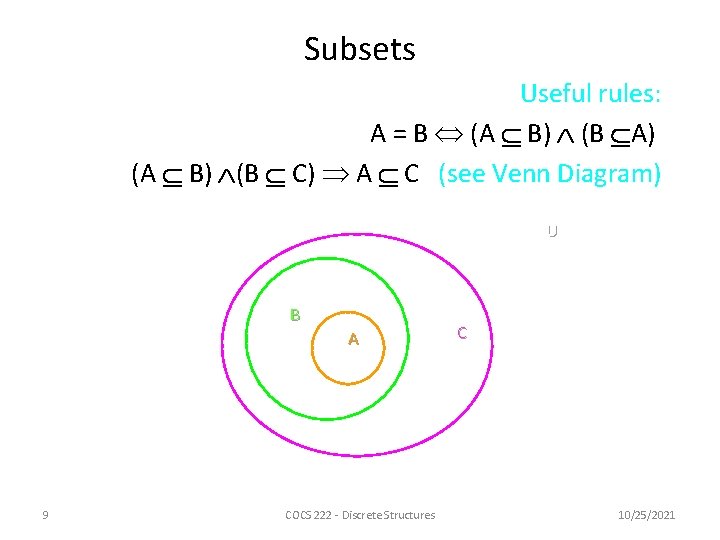 Subsets Useful rules: A = B (A B) (B A) (A B) (B C)