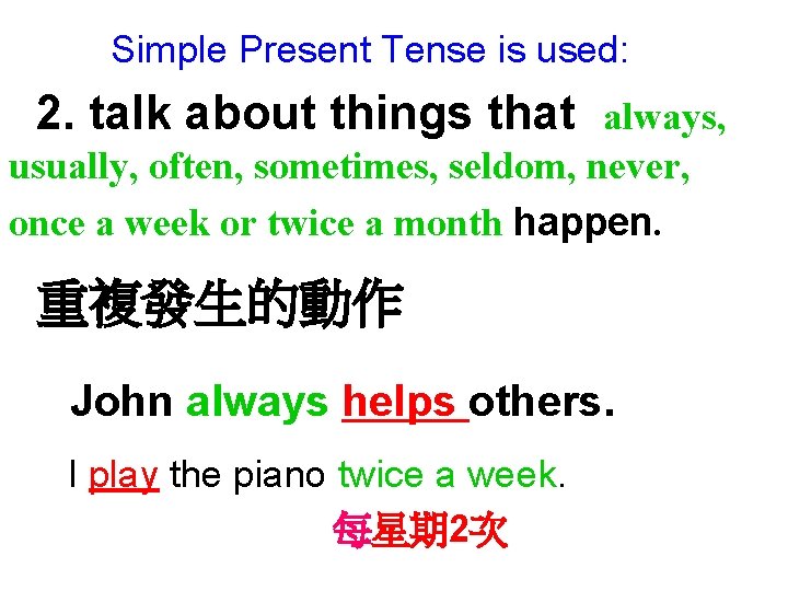 Simple Present Tense is used: 2. talk about things that always, usually, often, sometimes,