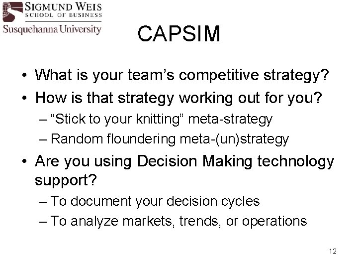 CAPSIM • What is your team’s competitive strategy? • How is that strategy working