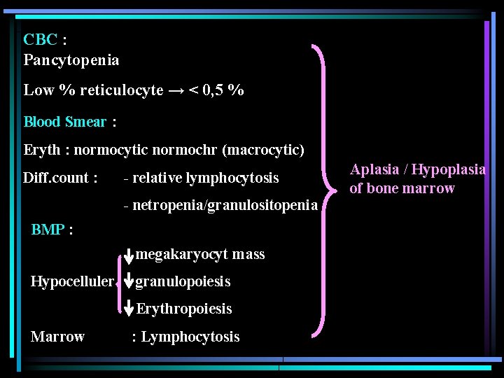 CBC : Pancytopenia Low % reticulocyte → < 0, 5 % Blood Smear :