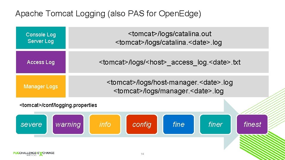 Apache Tomcat Logging (also PAS for Open. Edge) Console Log Server Log <tomcat>/logs/catalina. out