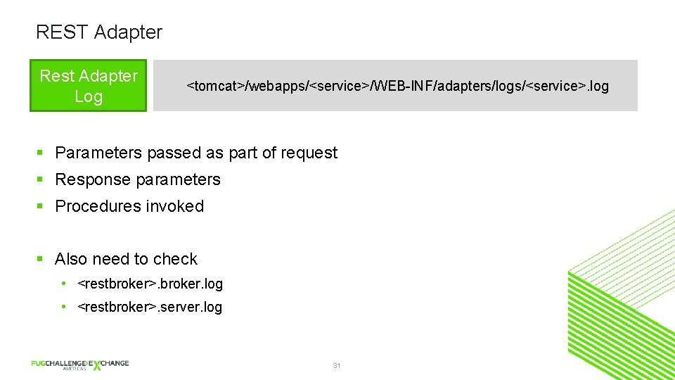 REST Adapter Rest Adapter Log <tomcat>/webapps/<service>/WEB-INF/adapters/logs/<service>. log § Parameters passed as part of request