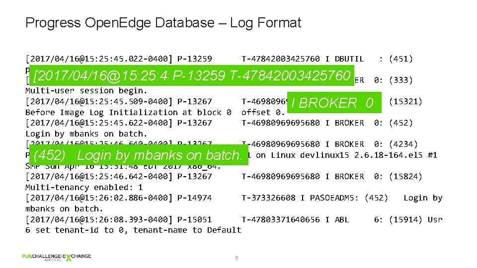 Progress Open. Edge Database – Log Format [2017/04/16@15: 25: 45. 022 -0400] P-13259 T-47842003425760