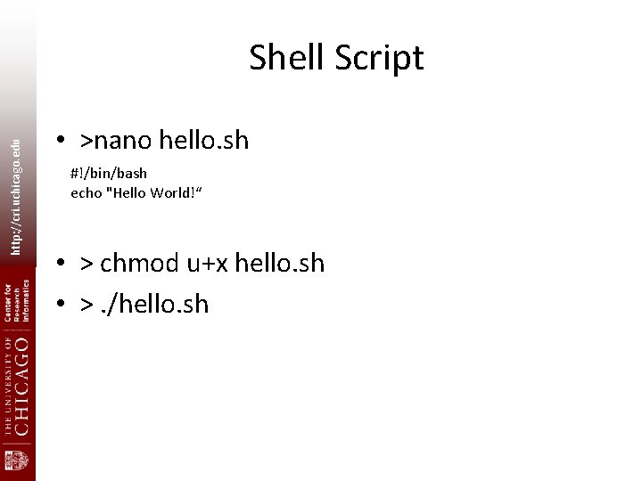 http: //cri. uchicago. edu Shell Script • >nano hello. sh #!/bin/bash echo "Hello World!“