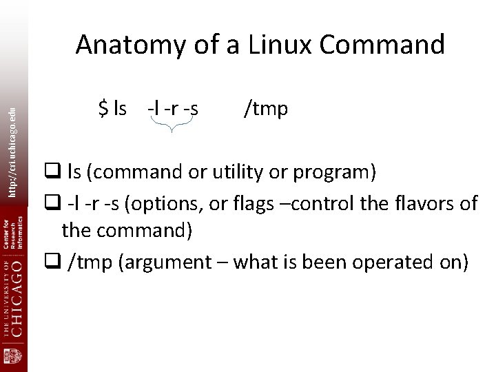 http: //cri. uchicago. edu Anatomy of a Linux Command $ ls -l -r -s