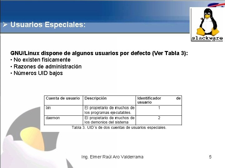 Ø Usuarios Especiales: GNU/Linux dispone de algunos usuarios por defecto (Ver Tabla 3): •